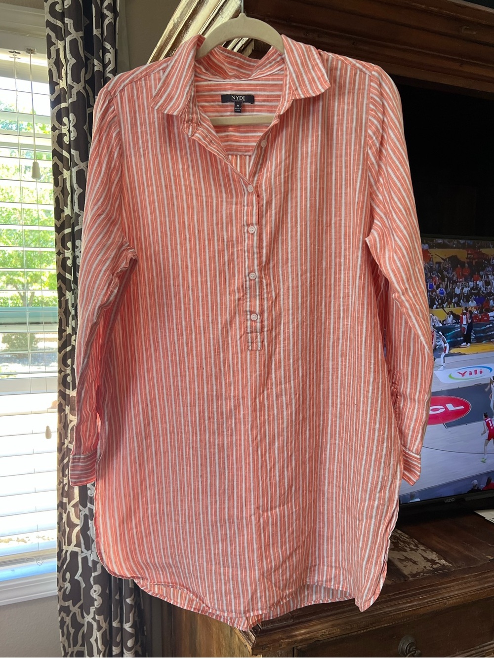 NYDJ 100% Linen Shirt Dress M Stripe Fall Colors